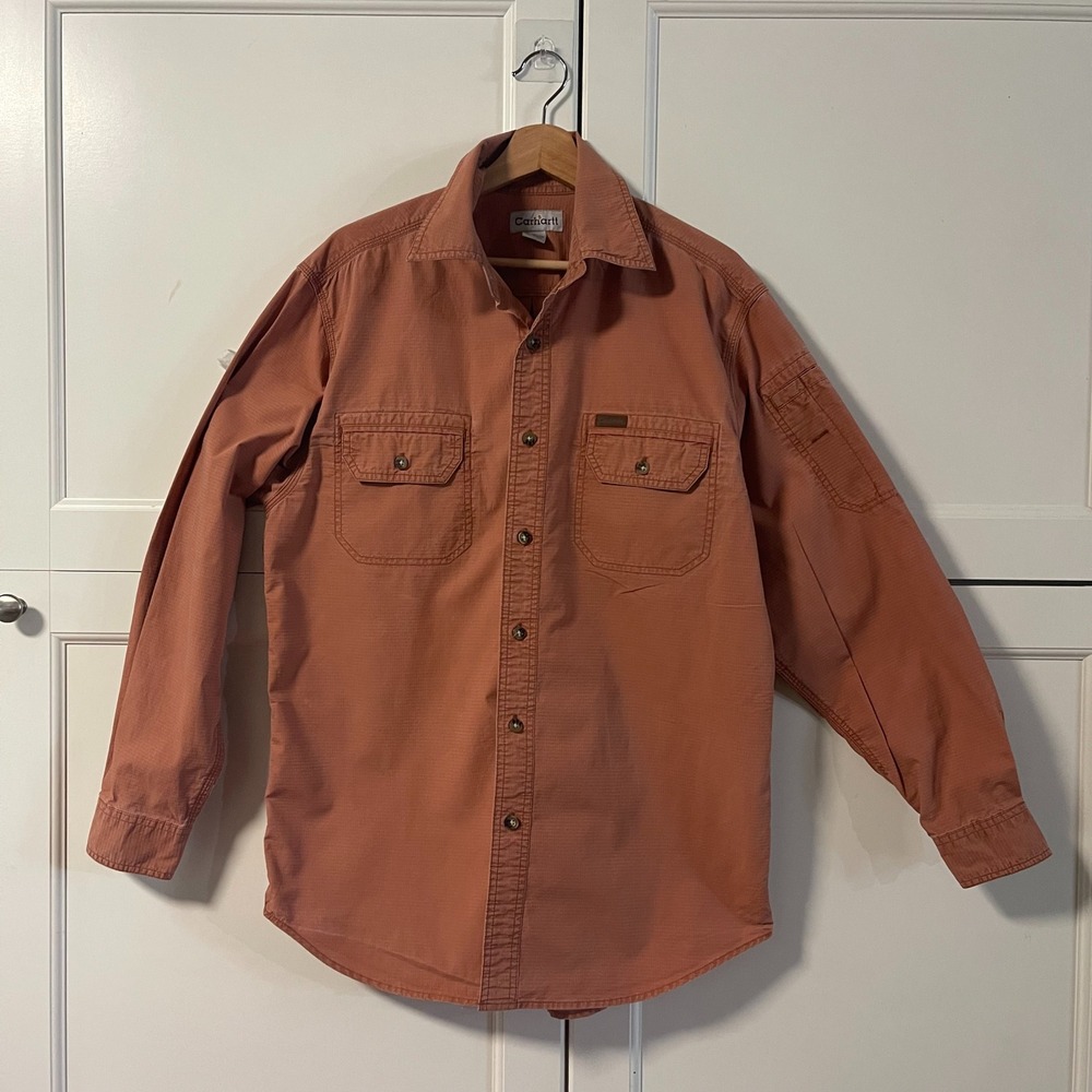 Carhartt Mens Ripstop Long Sleeve Button Down Work Shirt Salmon Orange Medium